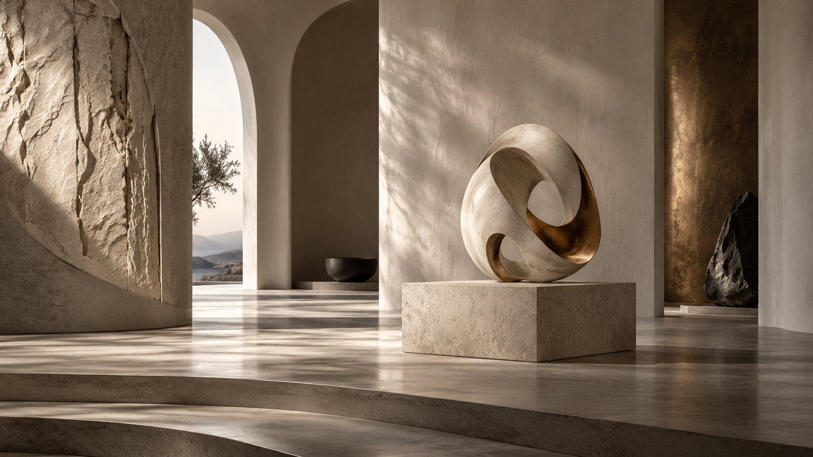 Art gallery-inspired sculptural object and stone interior visual concept
