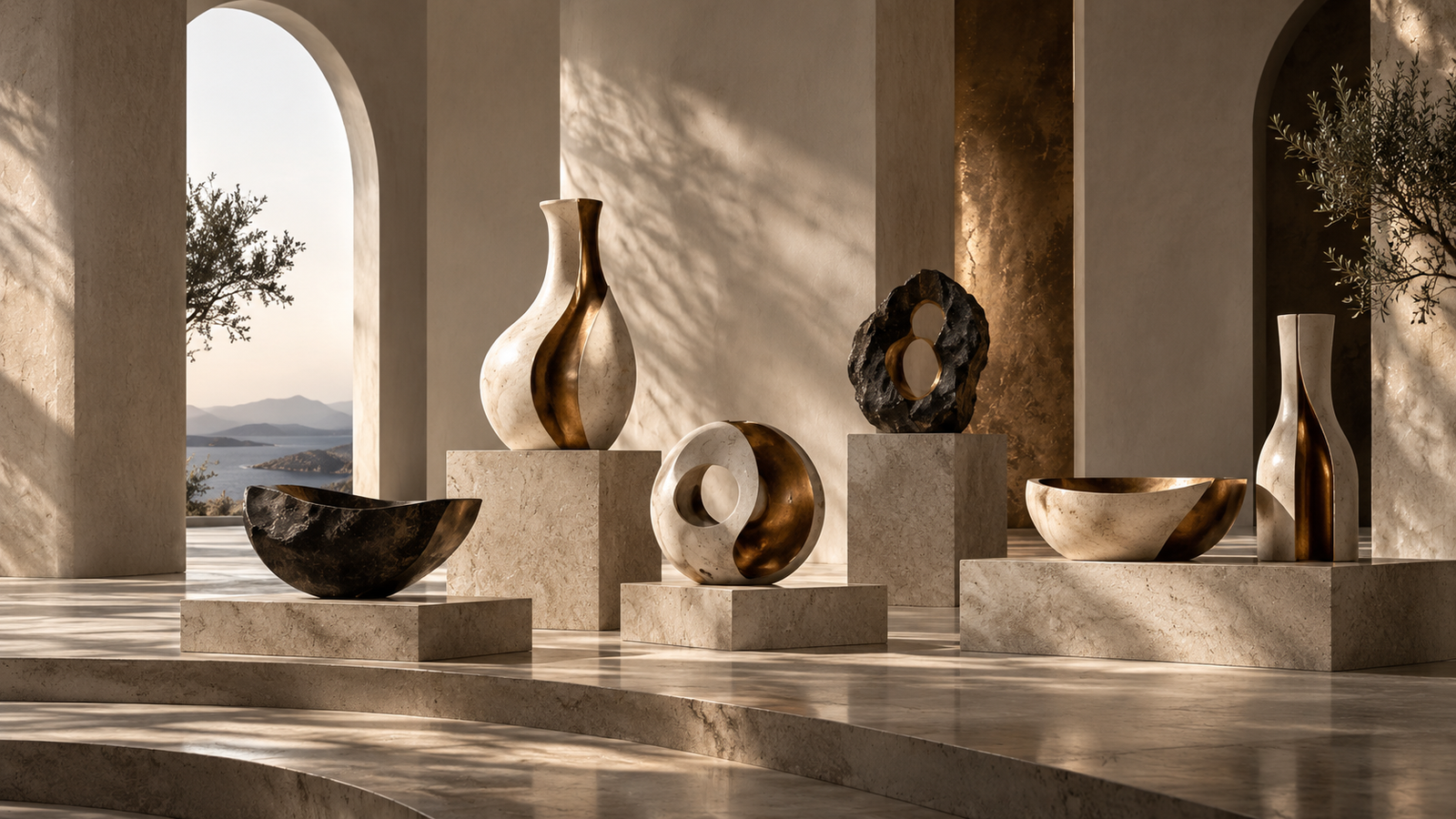 Concept arrangement of sculptural vases and art objects in an elegant gallery
