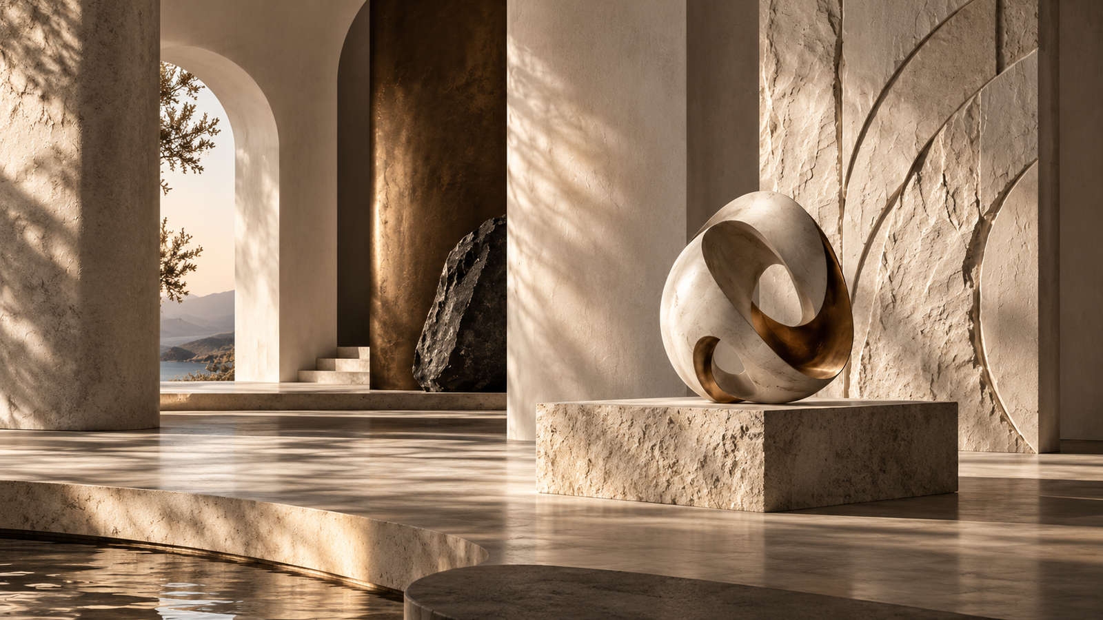 Minimal luxury stone gallery featuring sculptural object as an illustrative concept