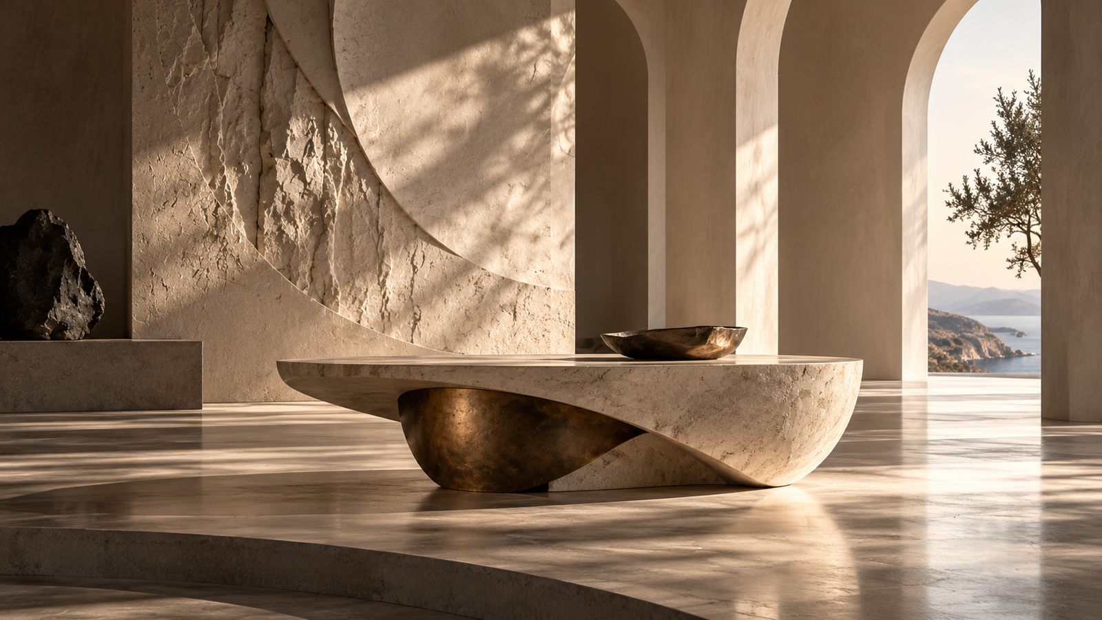 Concept of an organically sculpted stone-effect coffee table