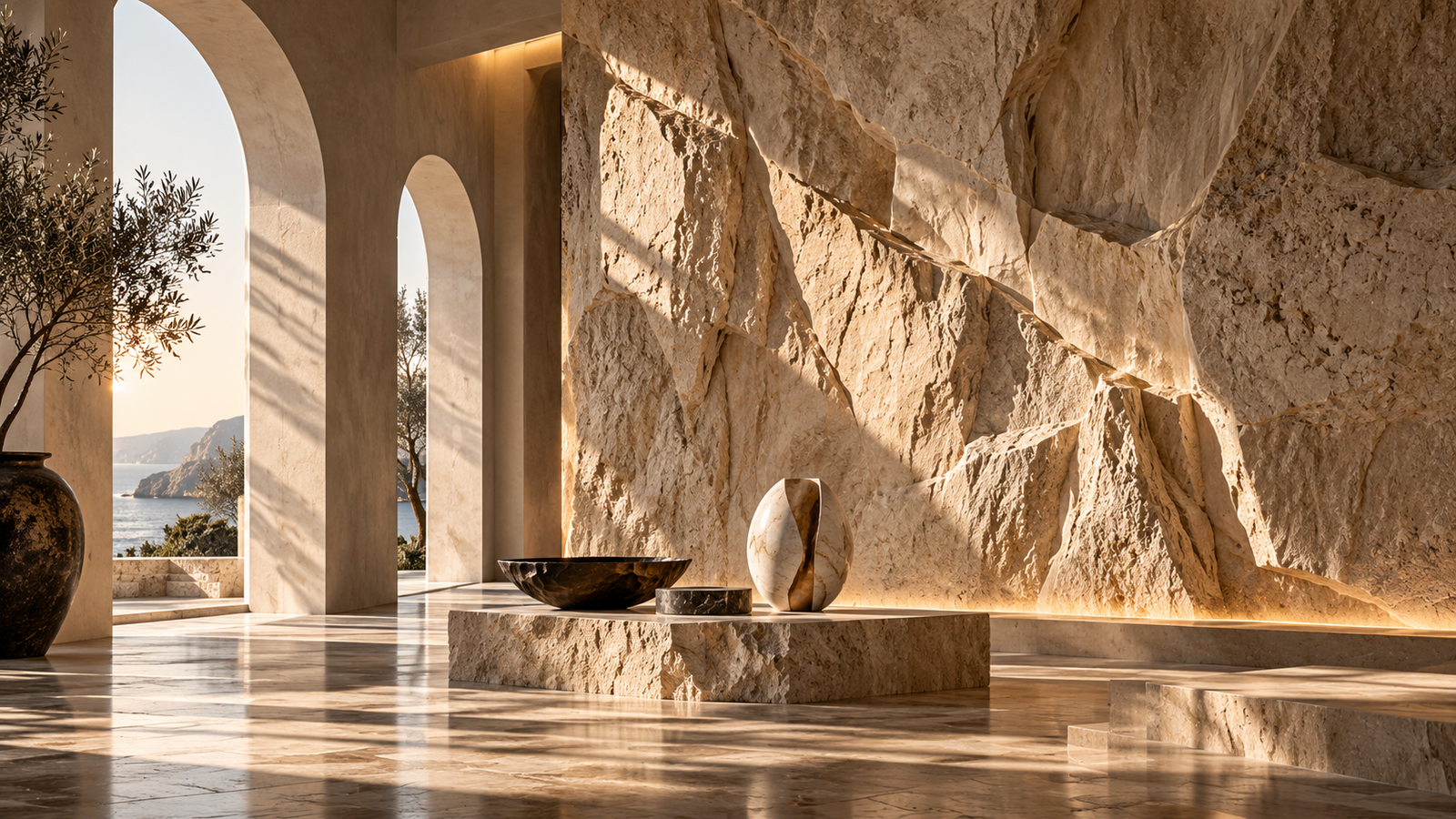 Digital design concept of a sunlit sculptural stone gallery with warm Mediterranean architectural details