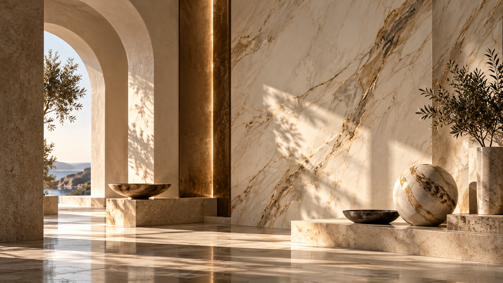 Concept visual of refined marble-effect architectural feature wall in a sunlit interior