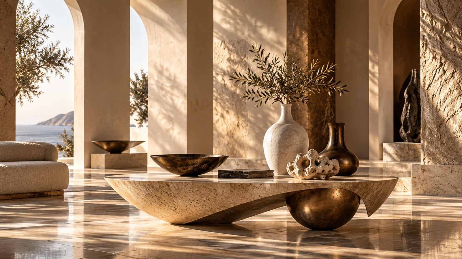 Sculptural coffee table and gallery objects in a Mediterranean architectural setting