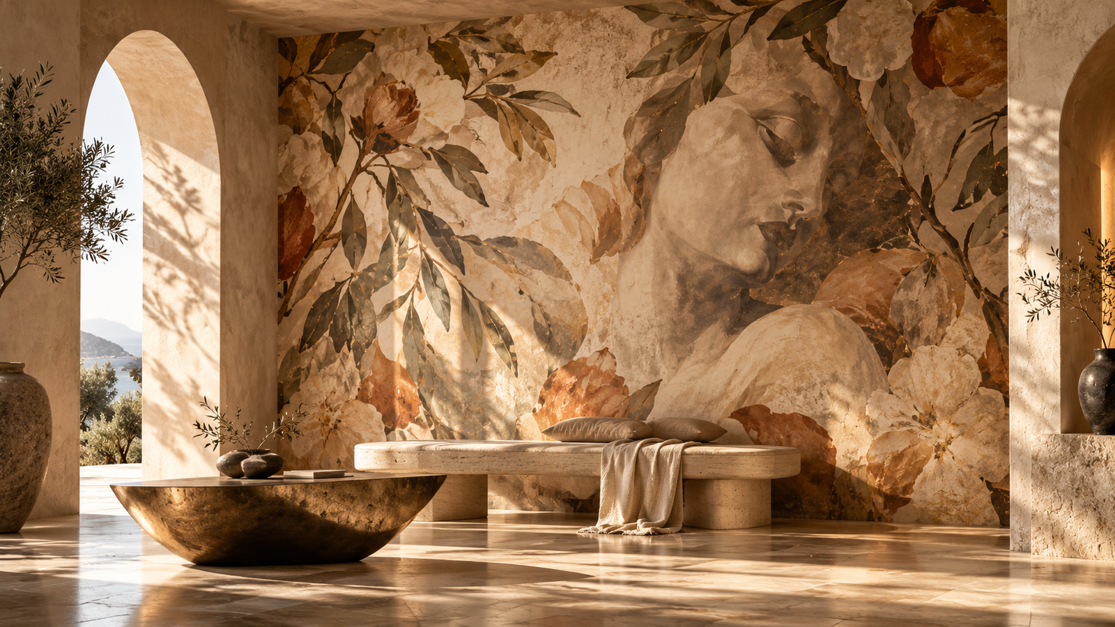 Concept visual of large-scale botanical and figurative mural in a warm interior