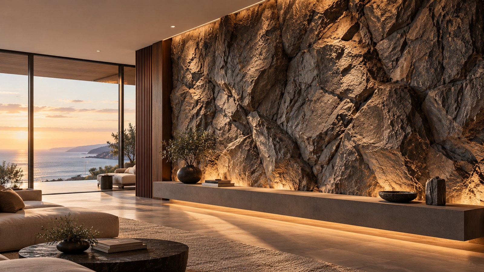 Concept visual of natural-looking sculpted rock wall with concealed warm architectural lighting
