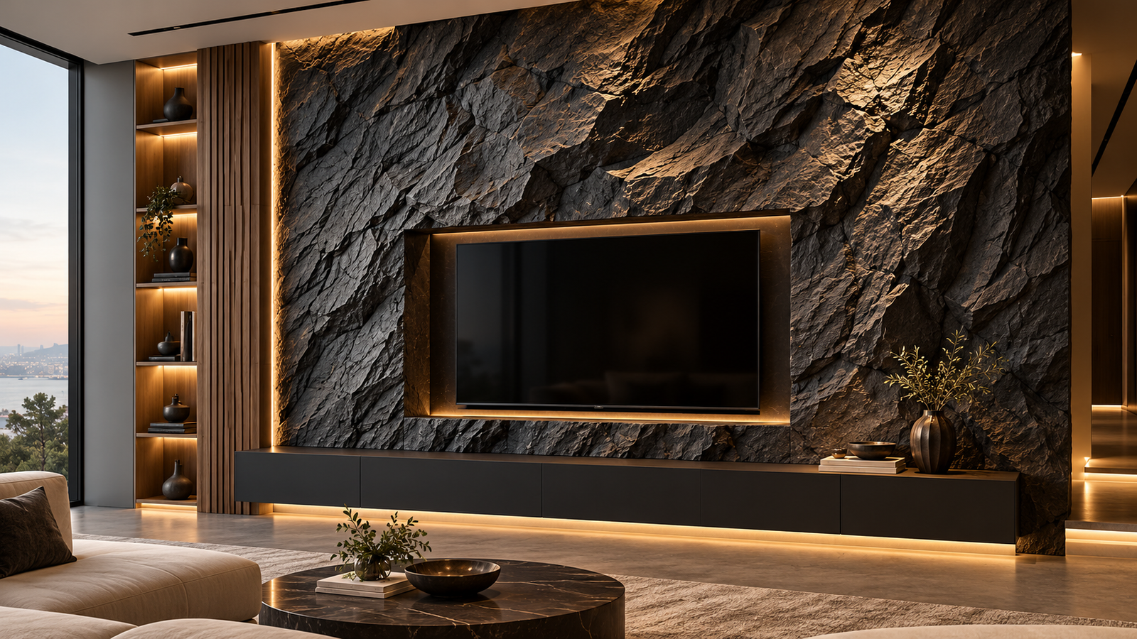 Charcoal-toned rock feature wall with discreet warm ambient lighting, shown as a digital interior concept