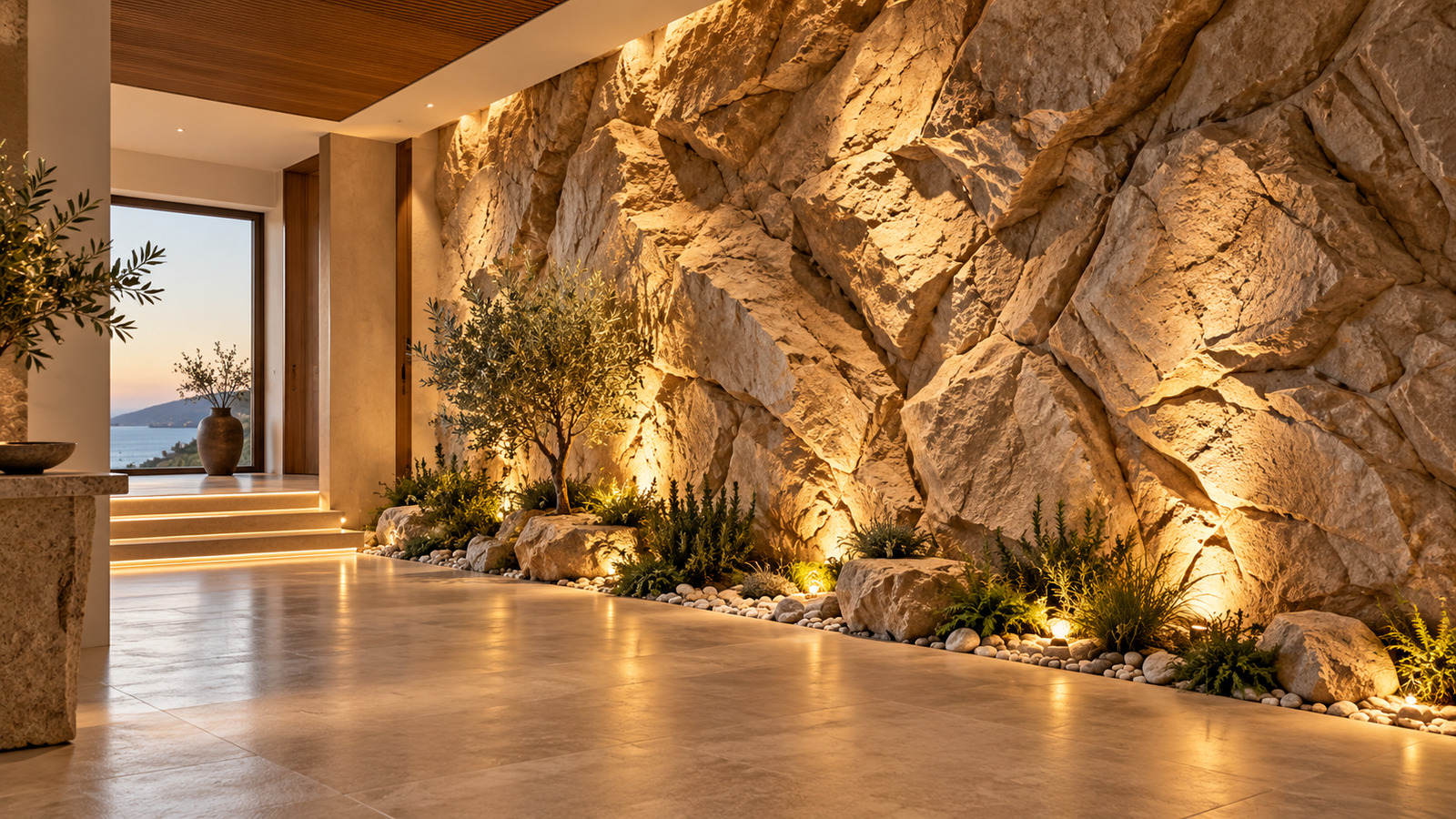 Warm sand-toned natural rock wall with integrated ambient lighting, design concept