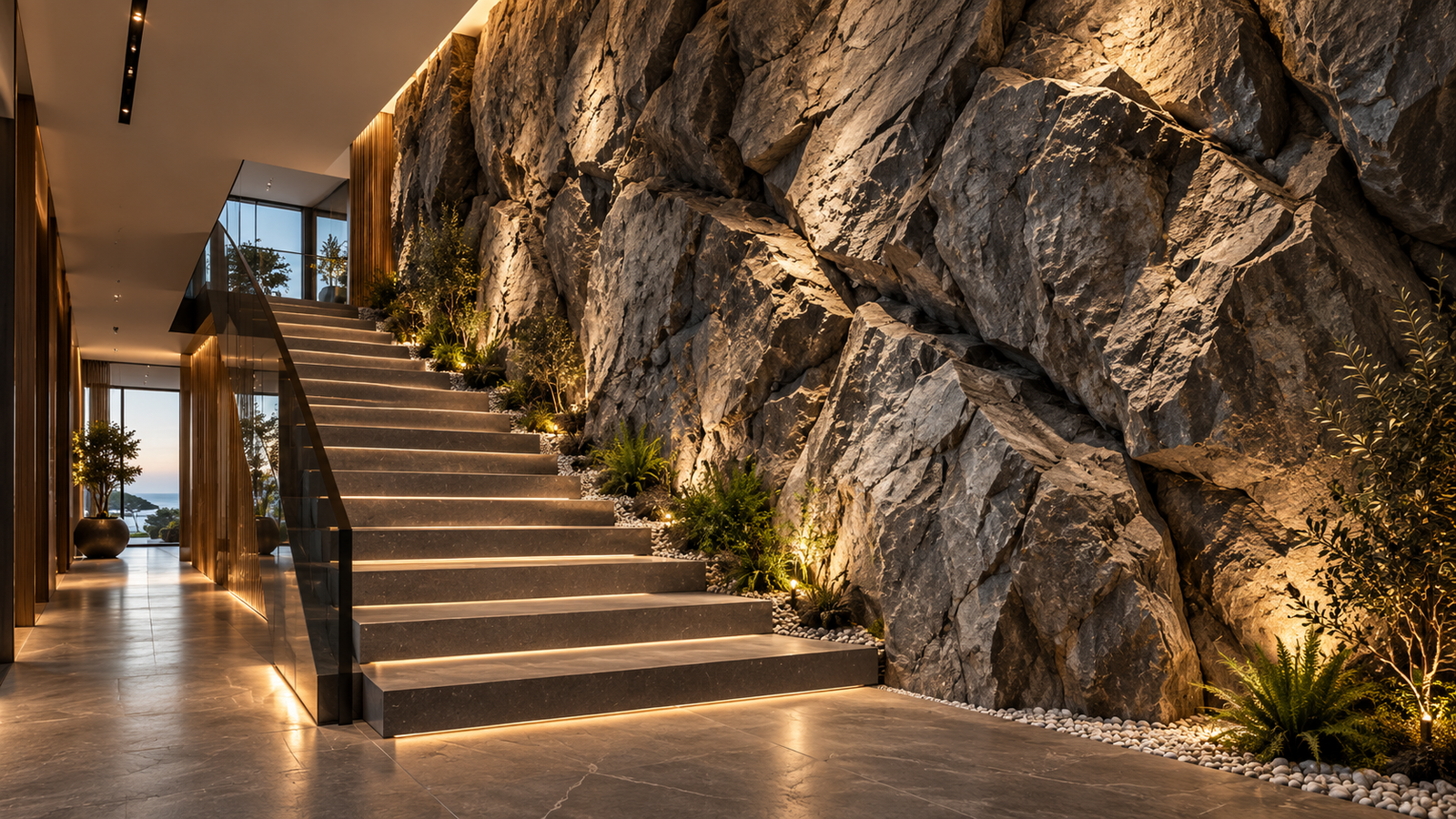 Rock-inspired interior feature wall alongside architectural stair lighting