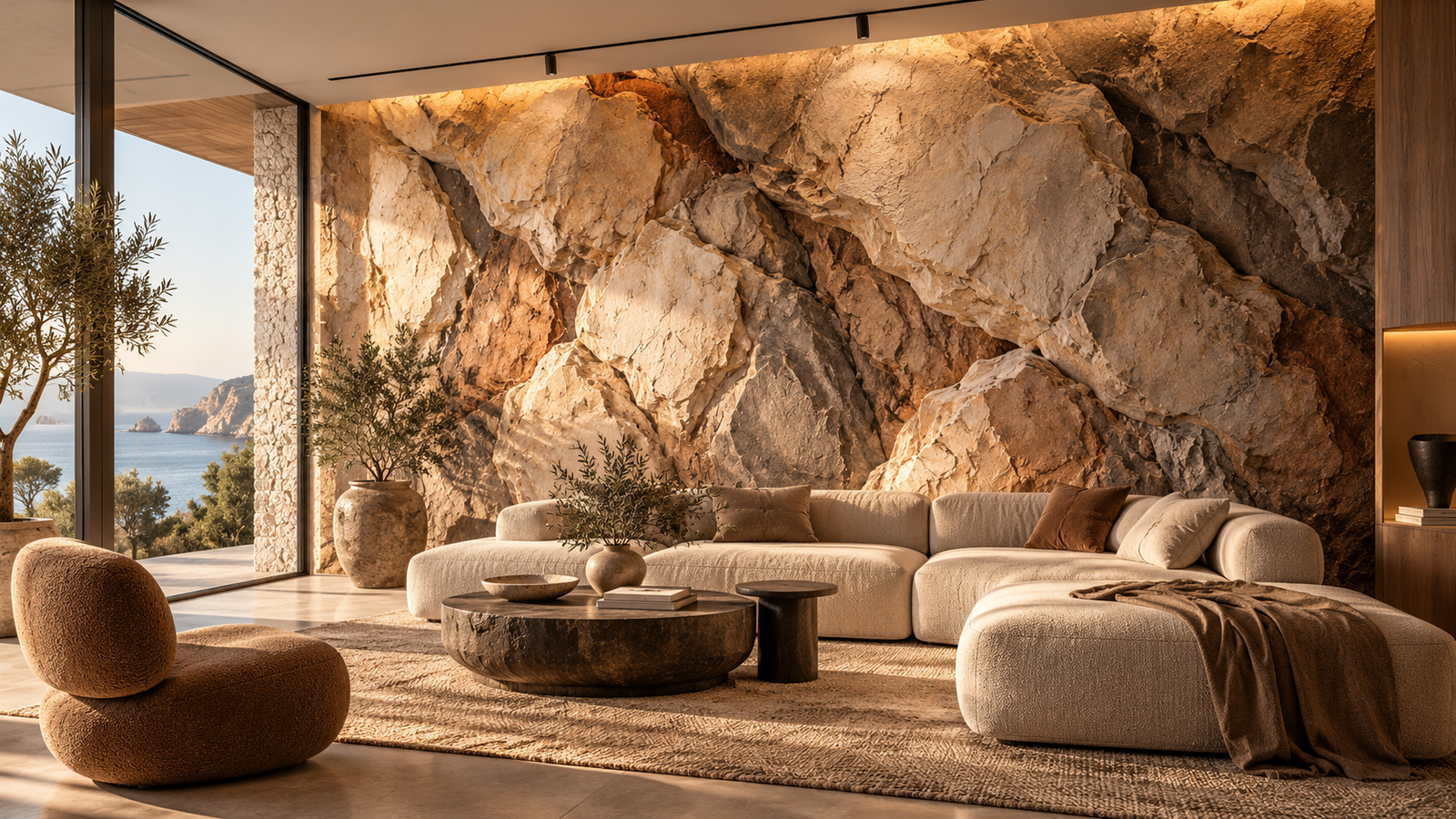 Living room rock wall with concealed light